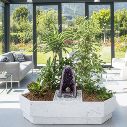 Exklusives Zimmerbrunnen Arrangement mit Amethyst und Hydrokultur Pflanzen